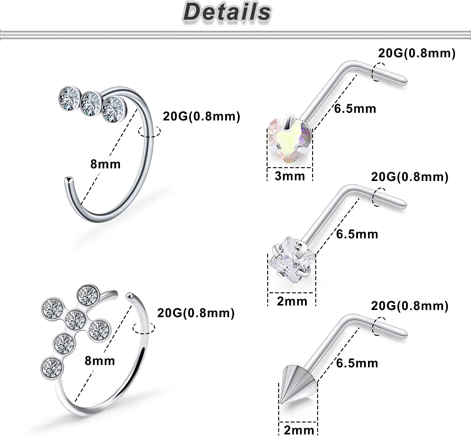 Ocptiy 18G 20G Nose Rings Studs Nose Hoops 316L Surgical Steel Hypoallergenic Silver Nose Piercings Straight Screw L Shaped Nostril Nose Rings Piercing Jewelry for Women Men 20Pcs-28Pcs