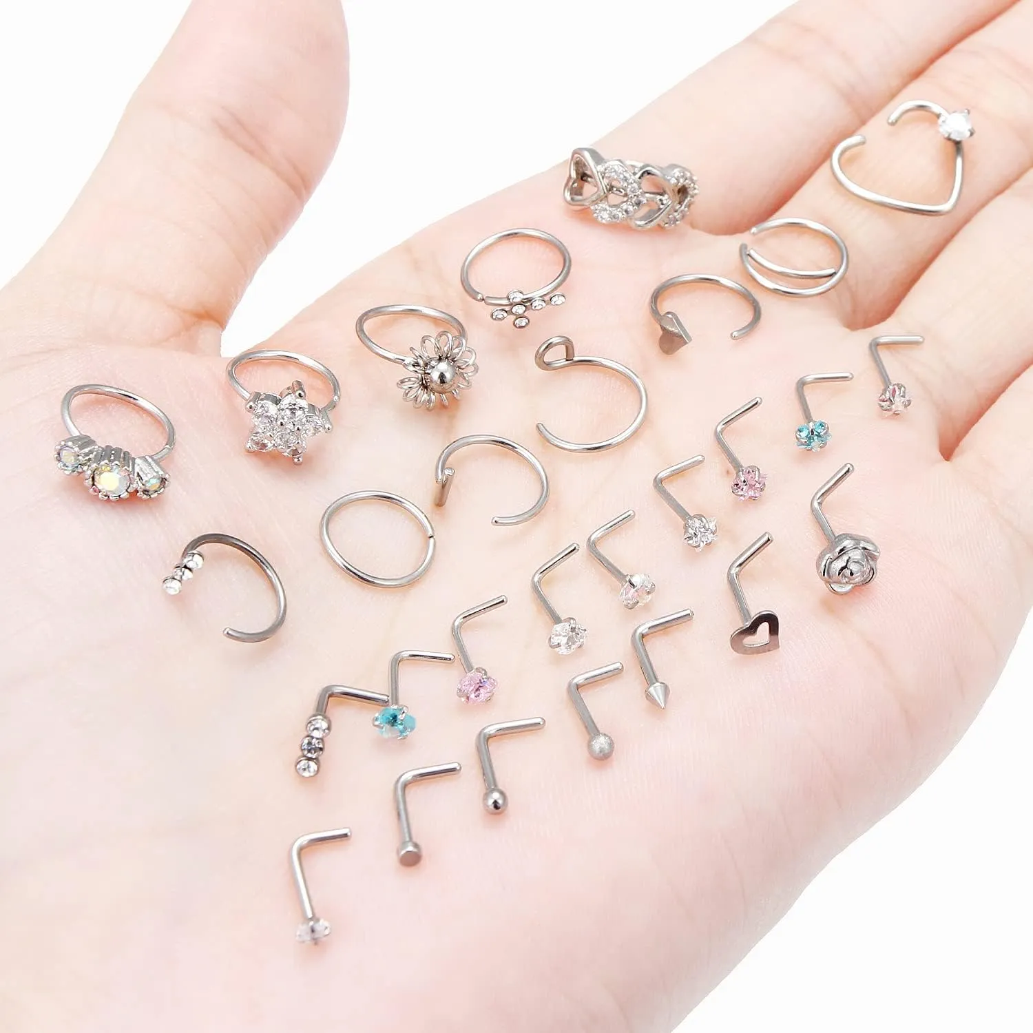 Ocptiy 18G 20G Nose Rings Studs Nose Hoops 316L Surgical Steel Hypoallergenic Silver Nose Piercings Straight Screw L Shaped Nostril Nose Rings Piercing Jewelry for Women Men 20Pcs-28Pcs