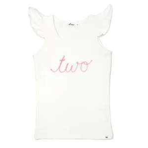 oh baby! Cotton Baby Rib Flutter Sleeve Tank - Birthday Two Pink Embroidered - Cream