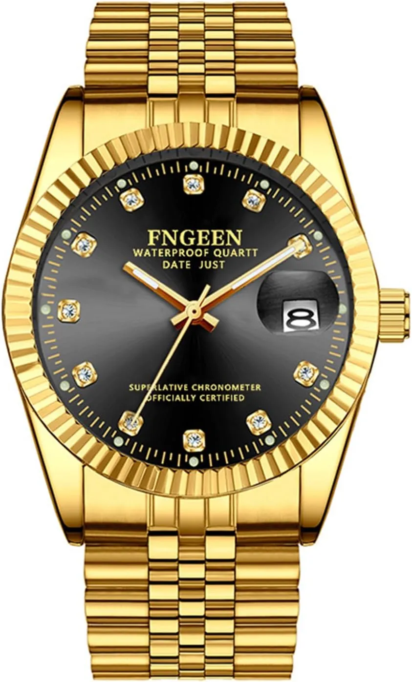OIDEA Stainless Steel Men's Watches: Gold Black Tone Rhinestone Quartz Analog Wrist Watches for Men Waterproof Luminous Watch with Date