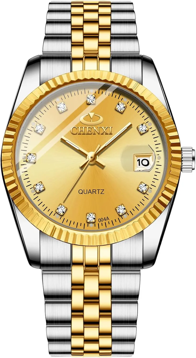 OIDEA Stainless Steel Men's Wrist Watches: Waterproof Round Dial Mens Watches Gold Rhinestones Date Analog Quartz Wrist Watches for Men Casual Work Business Luminous Watch