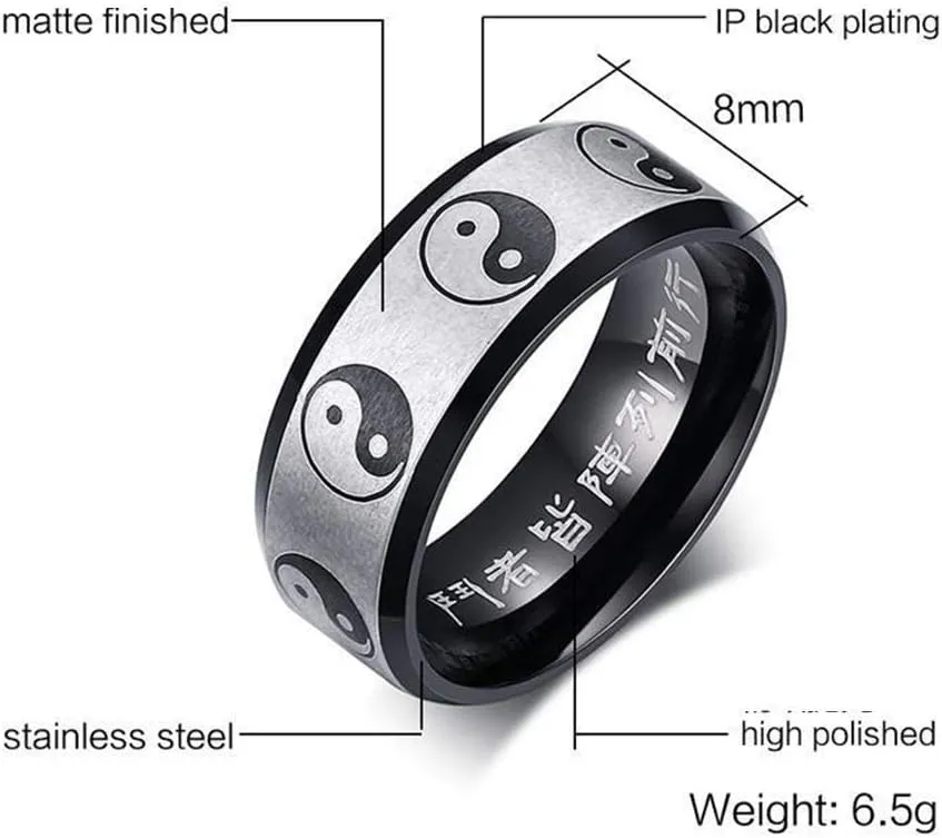 OIDIMS Yin Yang Band Rings for Men Women Chinese Style Ring Tai Chi Mid Knuckle Finger Fashion Personalized Jewelry Beveled Edge Cool Style Punk Hypoallergenic Stainless Steel Comfort Fit Boyfriend