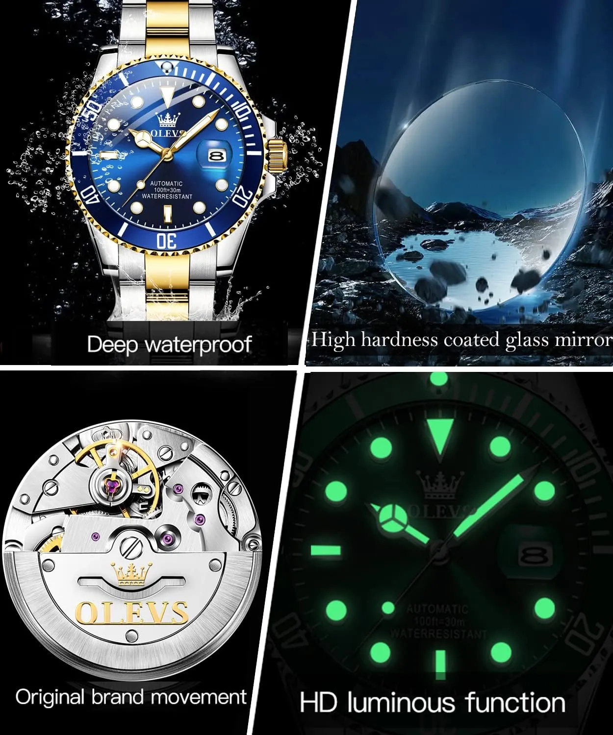 OLEVS Men's Automatic Watches,Self Winding Watches Mechanical for Men,Gold Silver Stainless Steel Men Watch,Luxury Big Face No Battery Dress Reloj de Hombres Date Waterproof Rotating Bezel Luminous