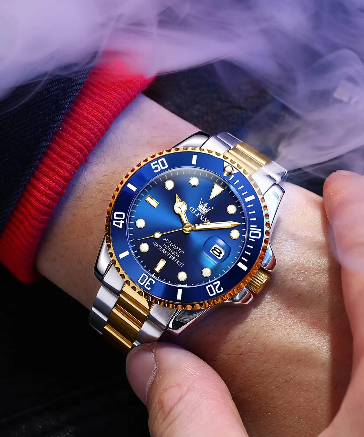 OLEVS Men's Automatic Watches,Self Winding Watches Mechanical for Men,Gold Silver Stainless Steel Men Watch,Luxury Big Face No Battery Dress Reloj de Hombres Date Waterproof Rotating Bezel Luminous