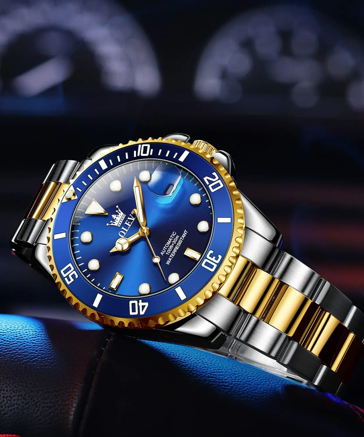 OLEVS Men's Automatic Watches,Self Winding Watches Mechanical for Men,Gold Silver Stainless Steel Men Watch,Luxury Big Face No Battery Dress Reloj de Hombres Date Waterproof Rotating Bezel Luminous