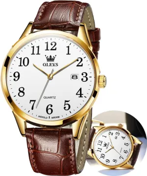 OLEVS Men's Brown Leather Watch - Classic Easy Read Analog Quartz With Arabic Numerals, Waterproof (White/Black/Blue Dial)