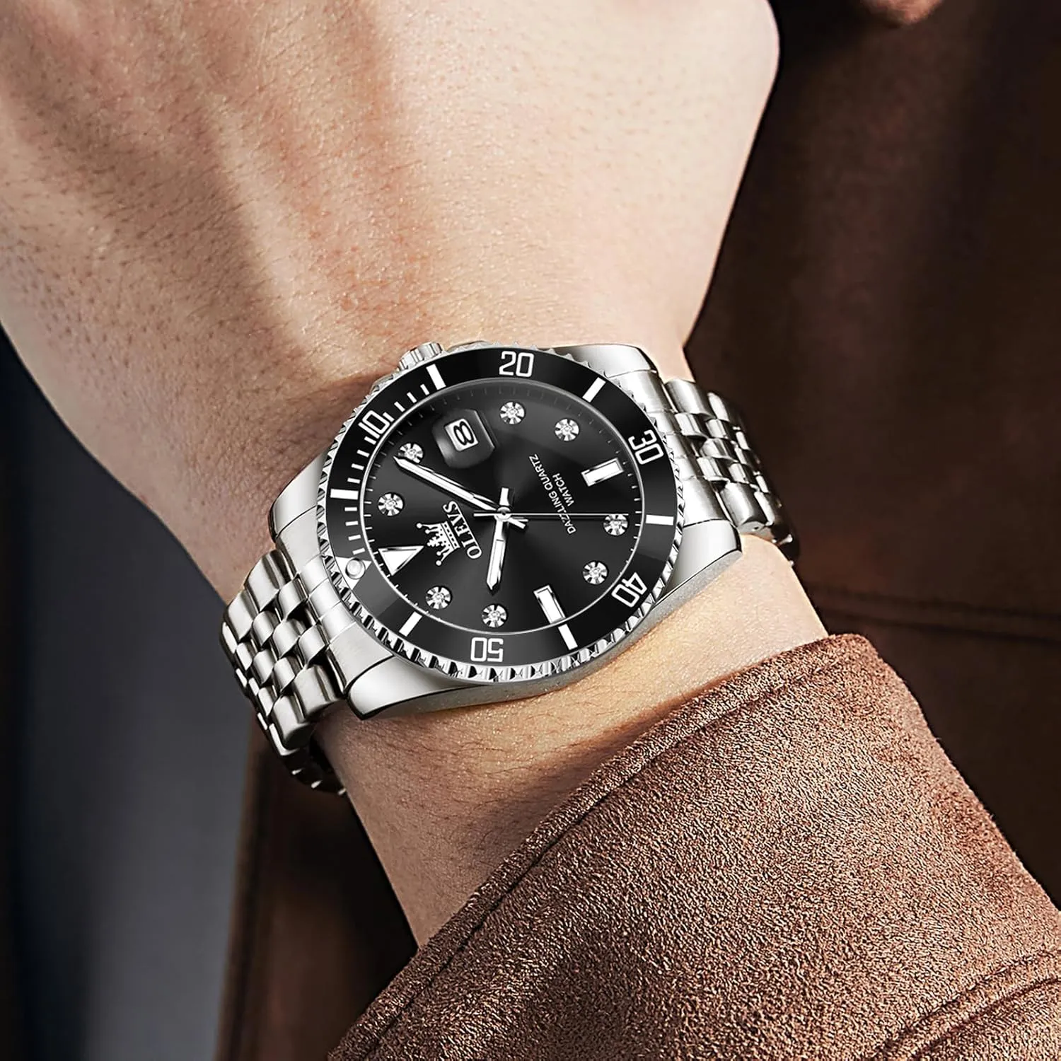 OLEVS Men's Stainless Steel Watches, Big Face Easy Read Analog Quartz Men Dress Watch with Calendar Date, Fashion Casual Waterproof Luminous Wrist Watches for Men