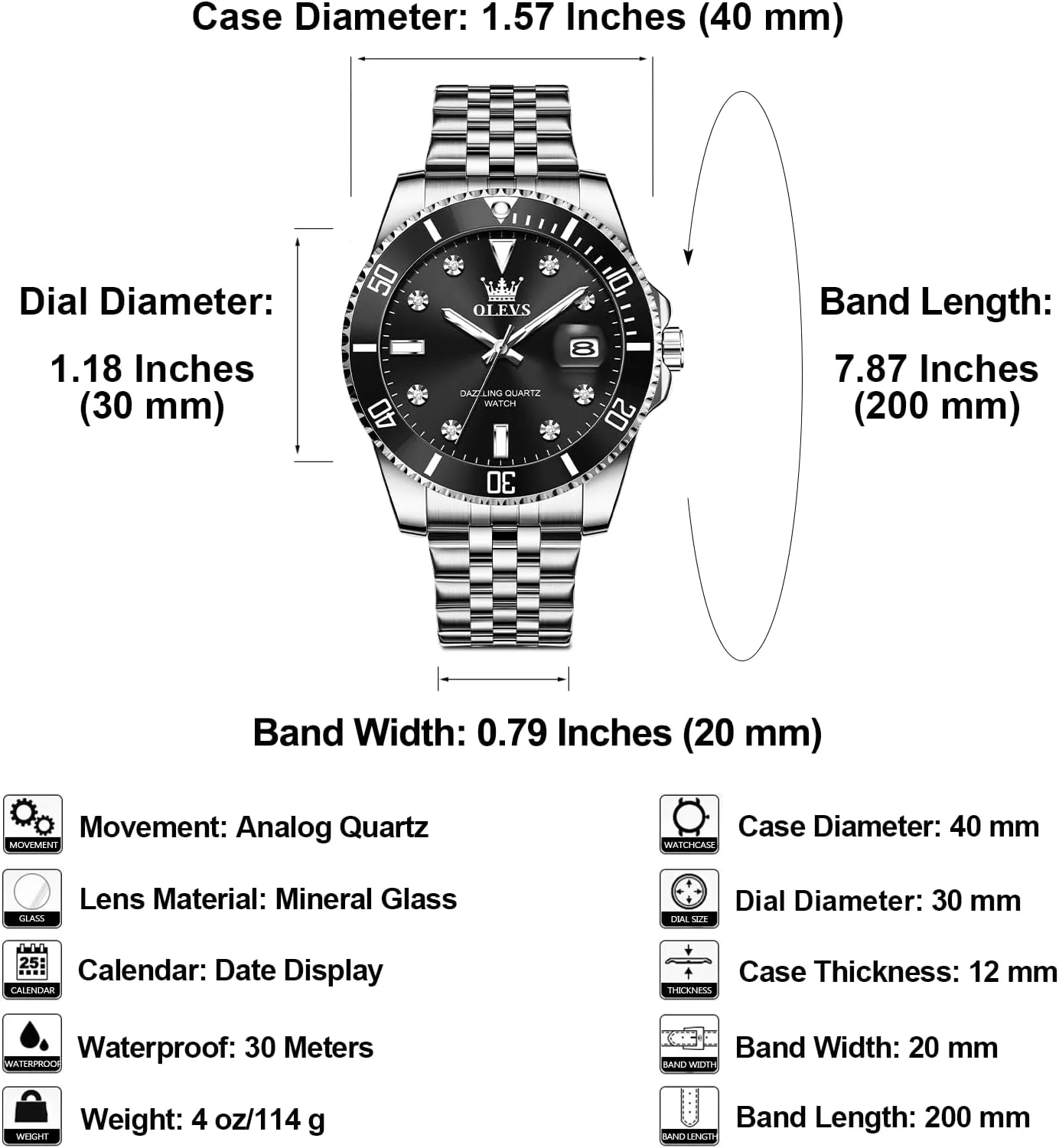 OLEVS Men's Stainless Steel Watches, Big Face Easy Read Analog Quartz Men Dress Watch with Calendar Date, Fashion Casual Waterproof Luminous Wrist Watches for Men
