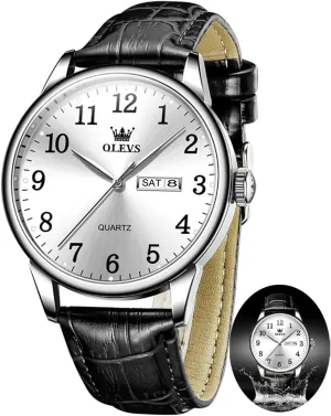 OLEVS Mens Watches with Leather Band Dress Vintage Classic Easy Reader Arabic Numerals Analog Quartz Waterproof Date and Day Blue/Black/White Large Face Men's Wrist Watches