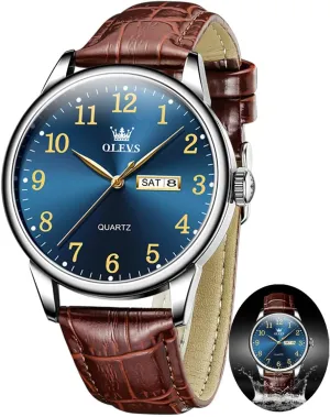 OLEVS Mens Watches with Leather Band Dress Vintage Classic Easy Reader Arabic Numerals Analog Quartz Waterproof Date and Day Blue/Black/White Large Face Men's Wrist Watches