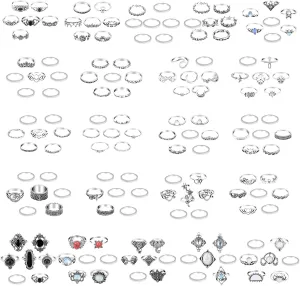 ONESING 154 Pcs Knuckle Rings for Women, Vintage Knuckle Rings Set, Stackable Finger Rings Set Bohemian Retro Vintage Jewelry Silver Rings Crystal Joint Rings Hollow Carved Flowe