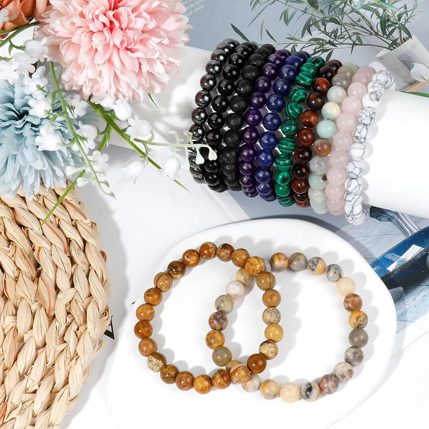 ONESING 2-12 Pcs Chakra Bracelets for Women Rock 7 Chakras Crystals and Healing Stones Bracelets 8mm Crystal Bracelets Yoga Beaded Bracelets for Women Men Essential Oil Diffuser