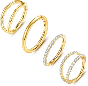 ONESING 4PCS 316L Surgical Steel Double Hoop Nose Rings Hypoallergenic Earring Hoops for CZ Cartilage Helix Rook Tragus Body Piercing Jewelry Stainless Steel Nose Rings Hoops for Women