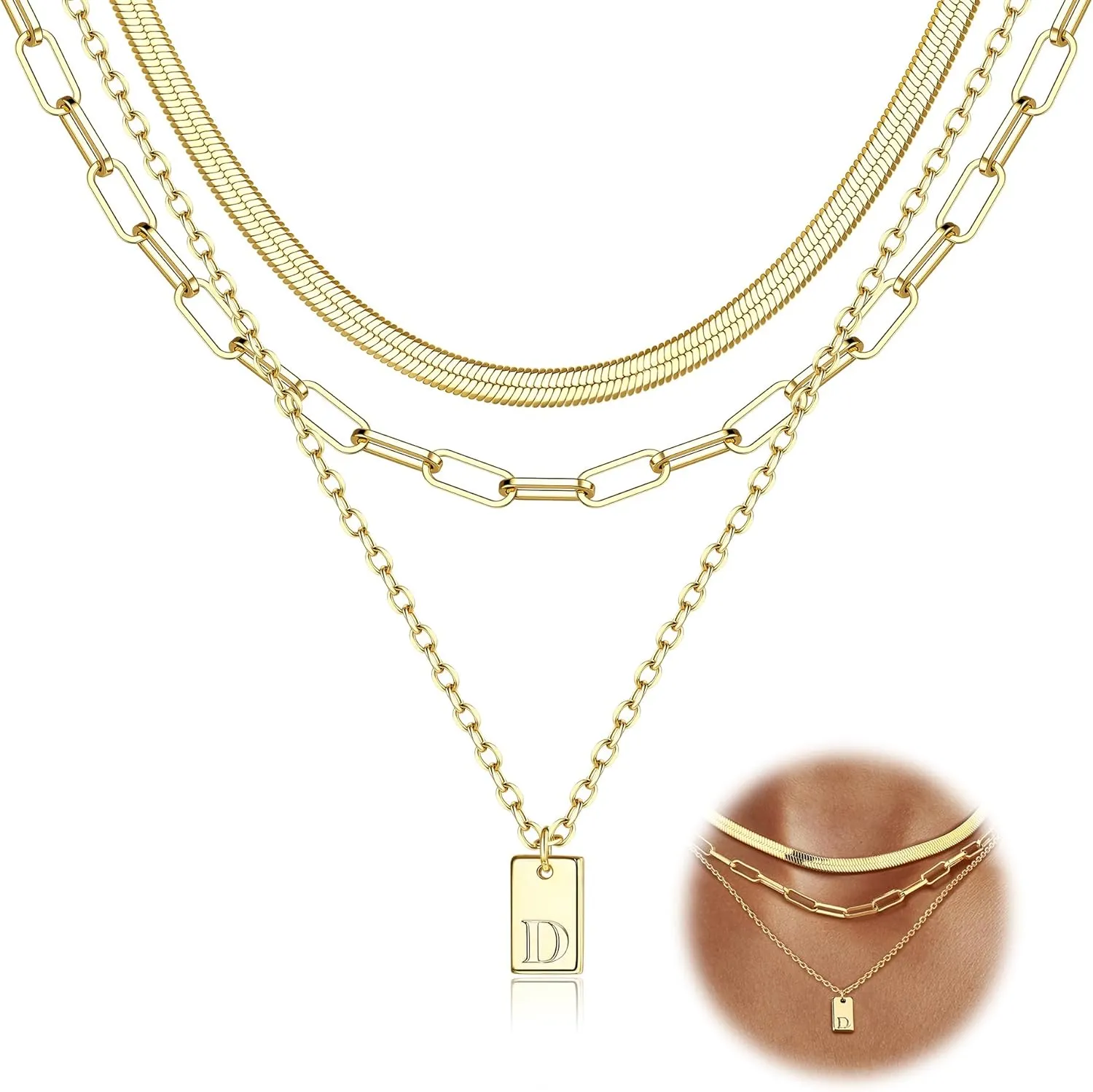 ORAZIO Gold Layered Necklaces for Women Trendy 14K Gold Initial Necklace Personalized A-Z Name Tag Pendant Letter Necklace Paperclip Snake Chain Layering Necklace Set Dainty Gold Jewelry Gifts-14GD