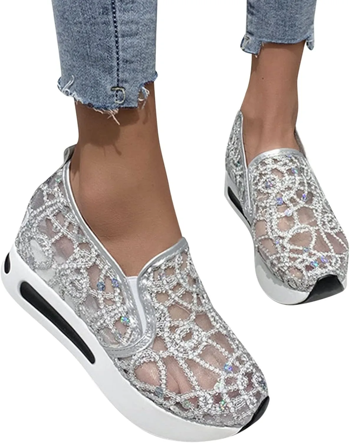Orthopedic Shoes for Women Platform Wedge Fashion Embroidery Floral Mesh Air Chunky Sole Hidden Breathable Walking Shoes