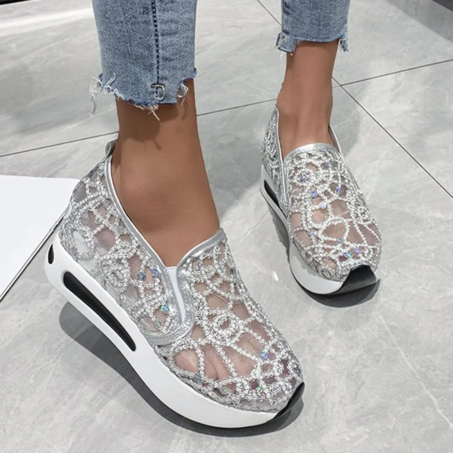 Orthopedic Shoes for Women Slip On Platform Wedge Casual Embroidery Floral Mesh Air Chunky Sole Hidden Lightweight Shoes