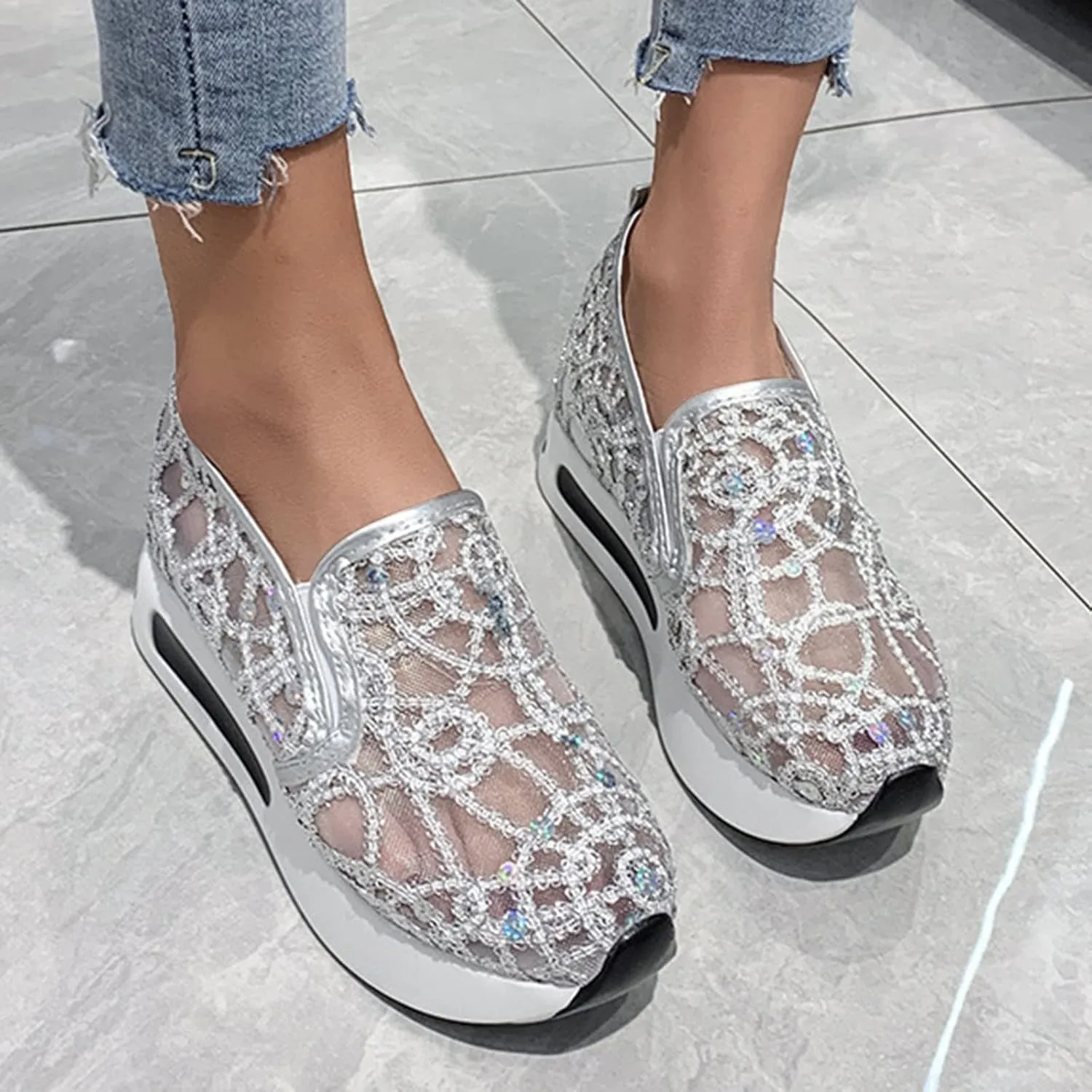 Orthopedic Shoes for Women Slip On Platform Wedge Casual Embroidery Floral Mesh Air Chunky Sole Hidden Lightweight Shoes