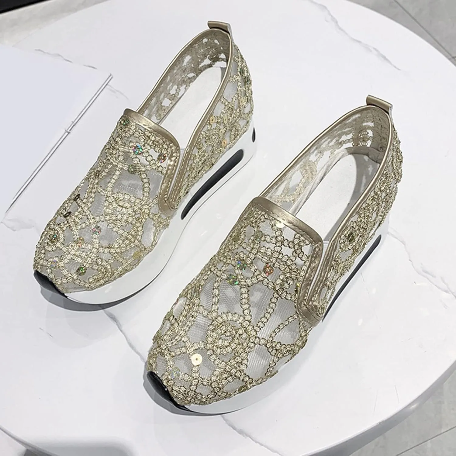 Orthopedic Shoes for Women Slip On Platform Wedge Casual Embroidery Floral Mesh Air Chunky Sole Hidden Lightweight Shoes