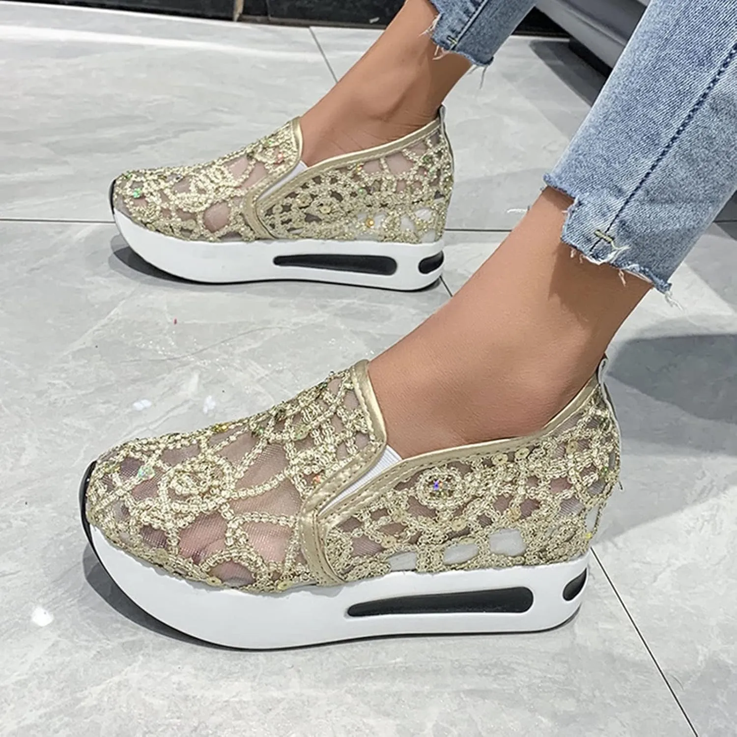 Orthopedic Shoes for Women Wide Width Platform Wedge Casual Embroidery Floral Mesh Air Chunky Sole Hidden Lightweight Shoes