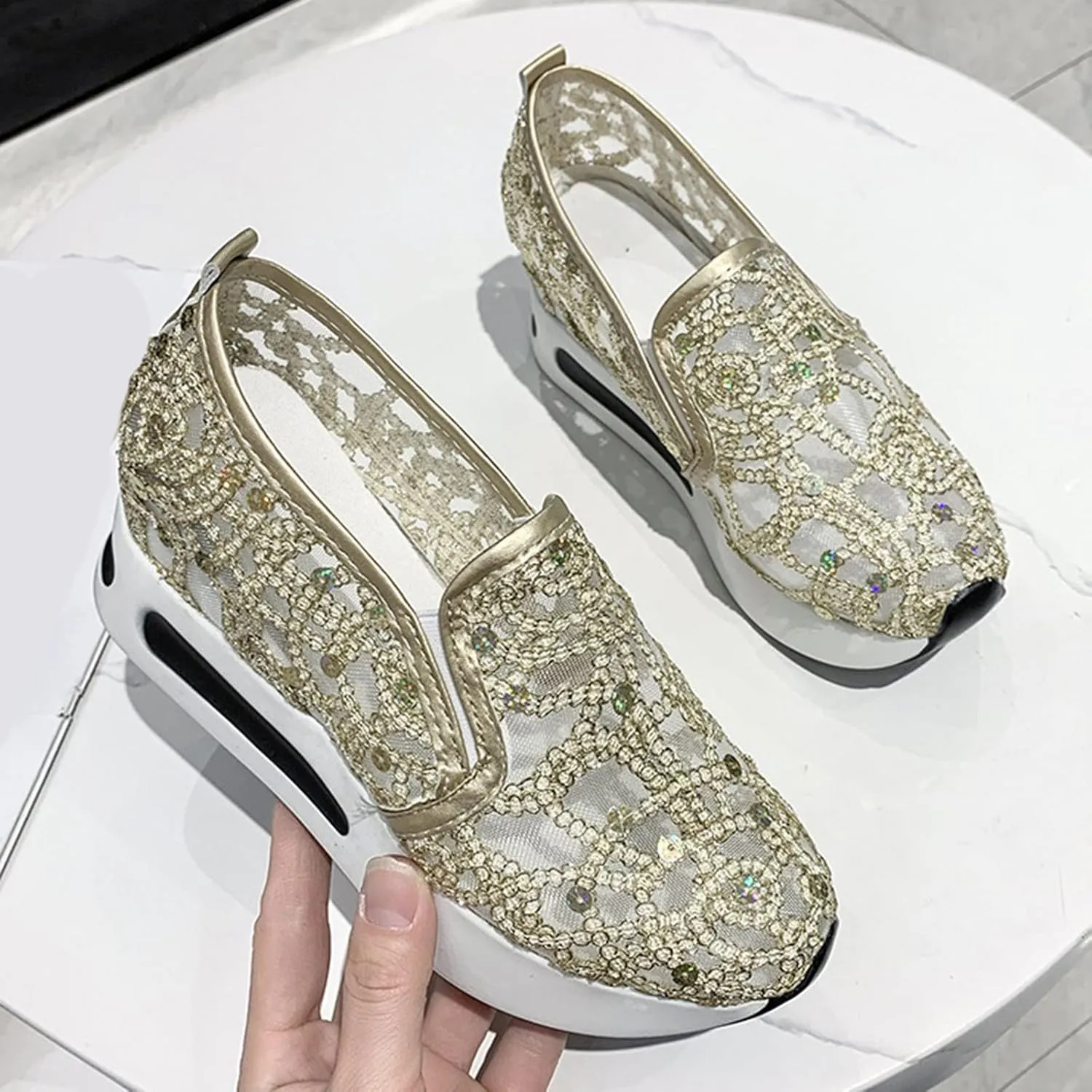 Orthopedic Shoes for Women Wide Width Platform Wedge Casual Embroidery Floral Mesh Air Chunky Sole Hidden Lightweight Shoes