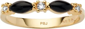 PalmBeach Yellow Gold-Plated Marquise Shaped Natural Black Onyx and Round Crystal Ring Sizes 5-10