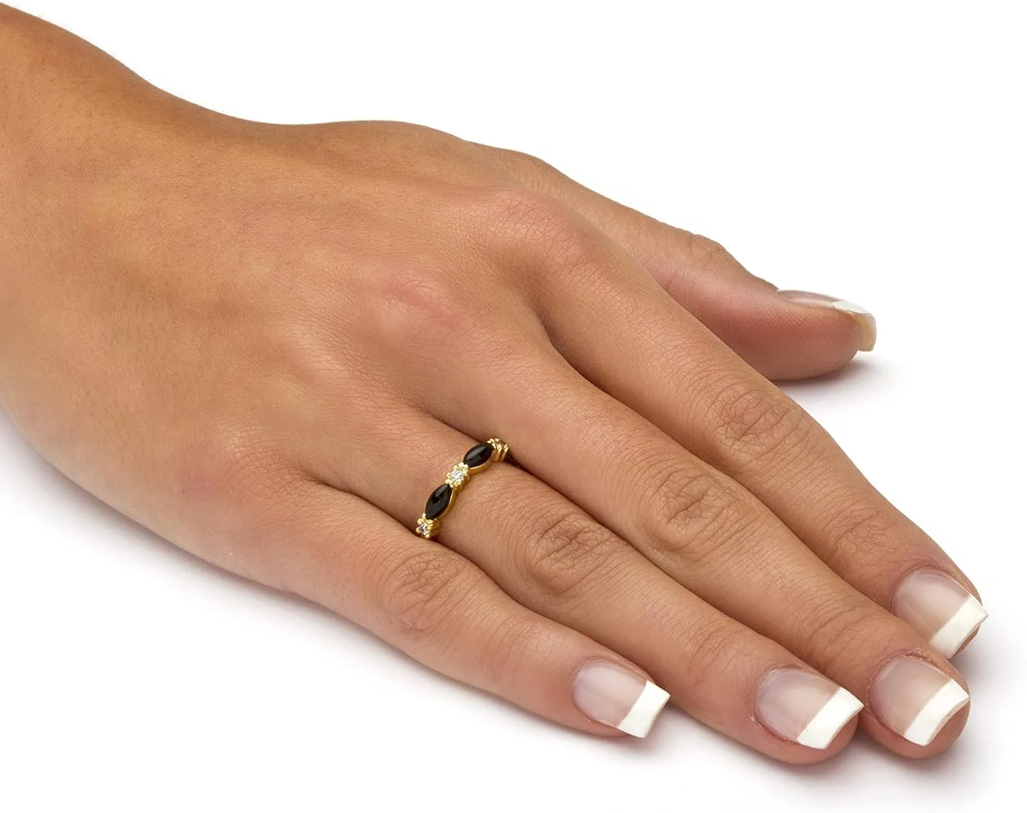 PalmBeach Yellow Gold-Plated Marquise Shaped Natural Black Onyx and Round Crystal Ring Sizes 5-10