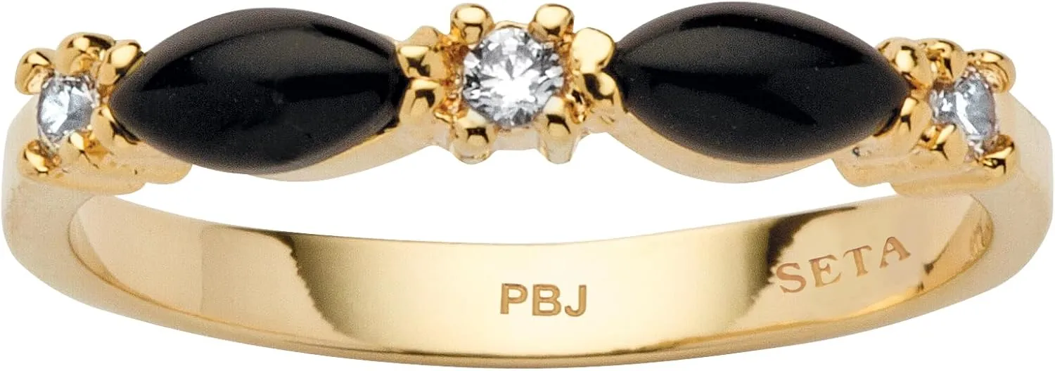 PalmBeach Yellow Gold-Plated Marquise Shaped Natural Black Onyx and Round Crystal Ring Sizes 5-10