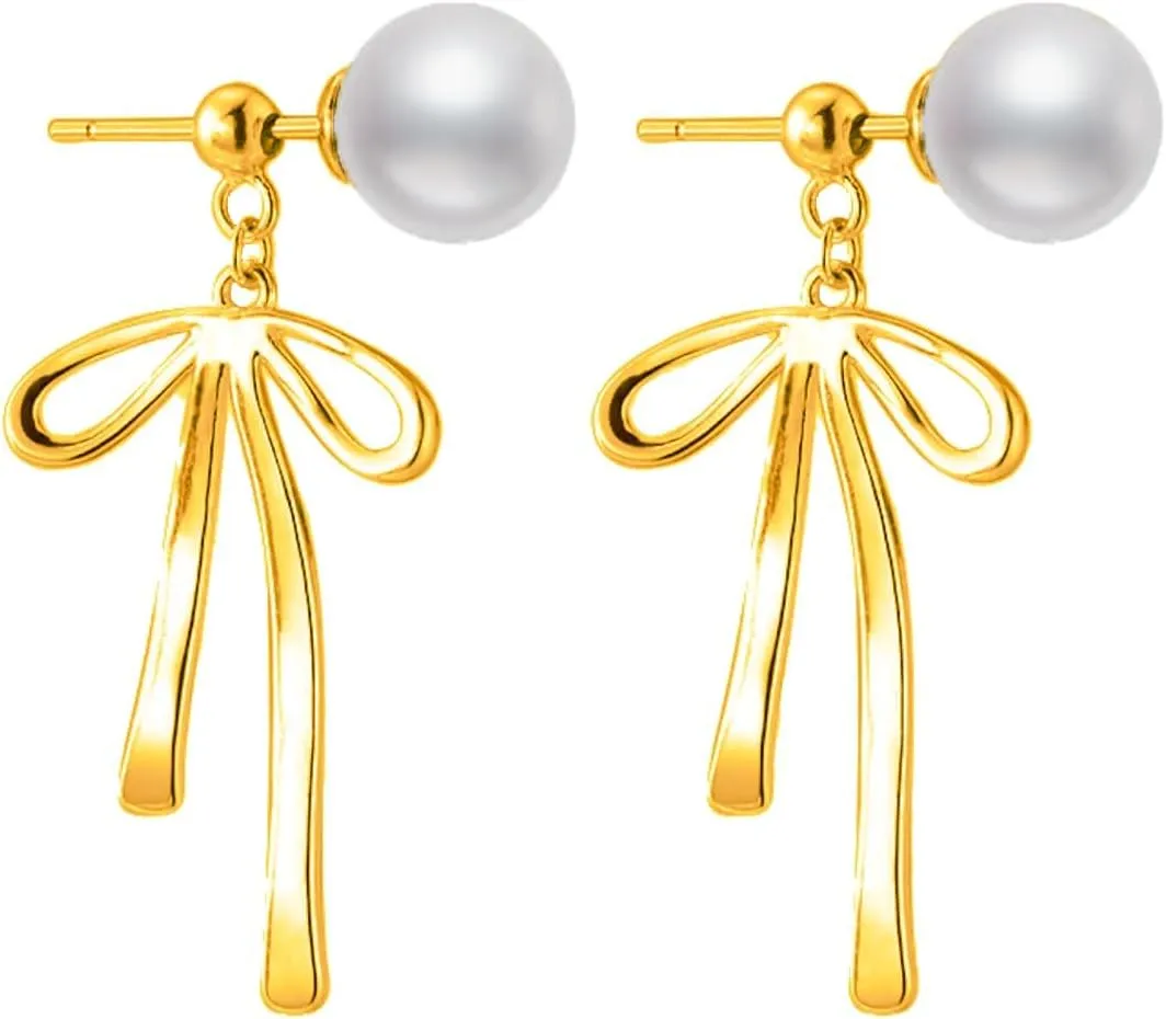 Pearl Bow Earrings For Women, 14k Gold Bowknot Drop Dangle Stackable Hypoallergenic Unique Studs Earring Gift Jewelry