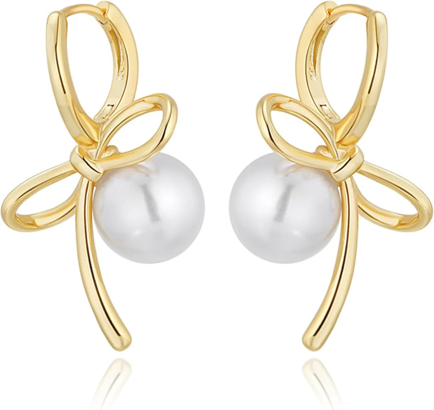Pearl Bow Earrings for Women Trendy 14K Gold Hoop Earrings Pearl Drop Earrings for Bridesmaid Brides Wedding Pearls Dangle Jewelry Bridal Gifts for Women Birthday Gift
