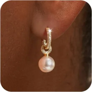 Pearl Earrings for Women, 14K Gold Plated Pearl Drop Dangle Earrings Zircon Pearl Stud Earrings Trendy Hypoallergenic Wedding Gold Hoop Earrings for Women Bridesmaid Jewelry Gift