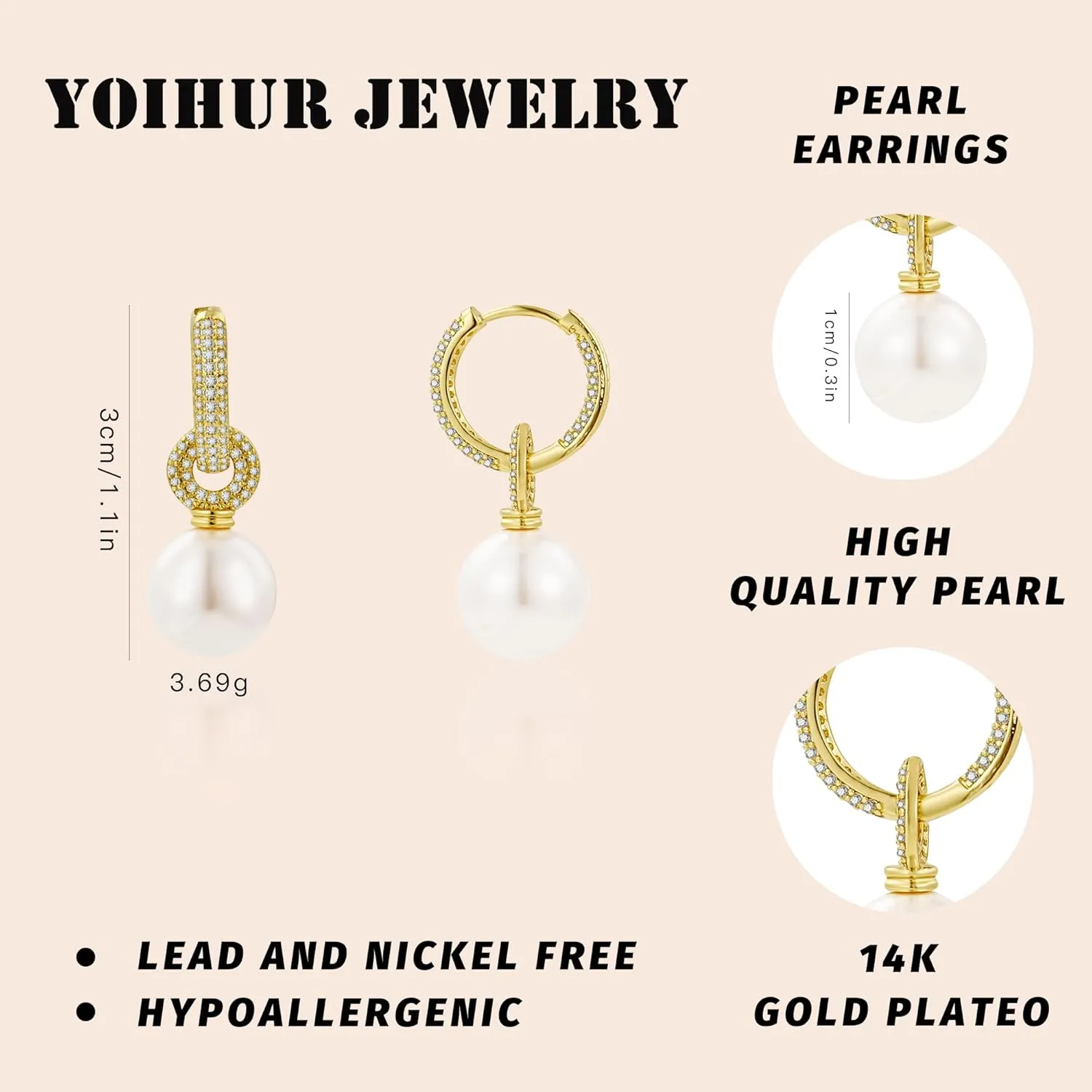 Pearl Earrings for Women, 14K Gold Plated Pearl Drop Dangle Earrings Zircon Pearl Stud Earrings Trendy Hypoallergenic Wedding Gold Hoop Earrings for Women Bridesmaid Jewelry Gift