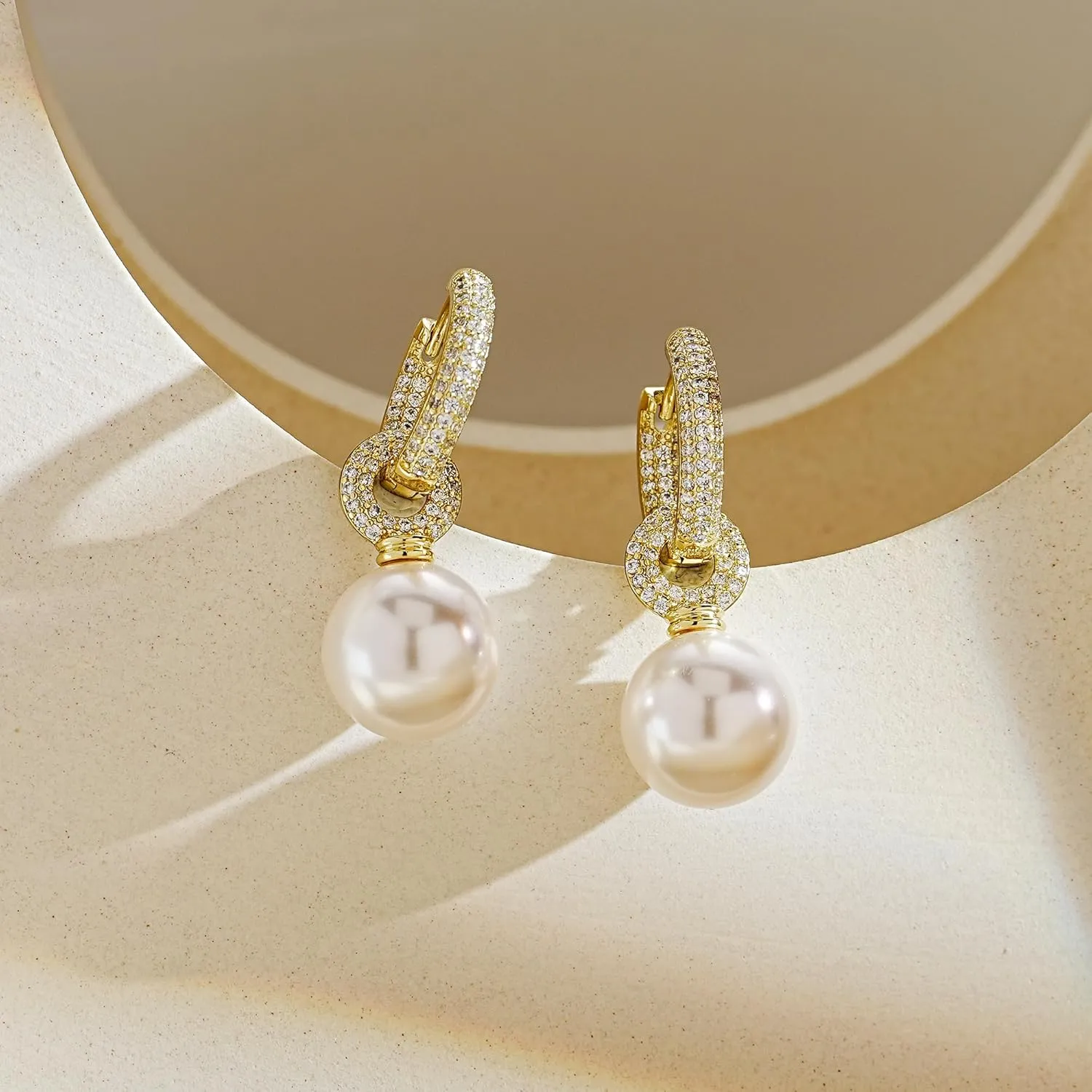Pearl Earrings for Women, 14K Gold Plated Pearl Drop Dangle Earrings Zircon Pearl Stud Earrings Trendy Hypoallergenic Wedding Gold Hoop Earrings for Women Bridesmaid Jewelry Gift