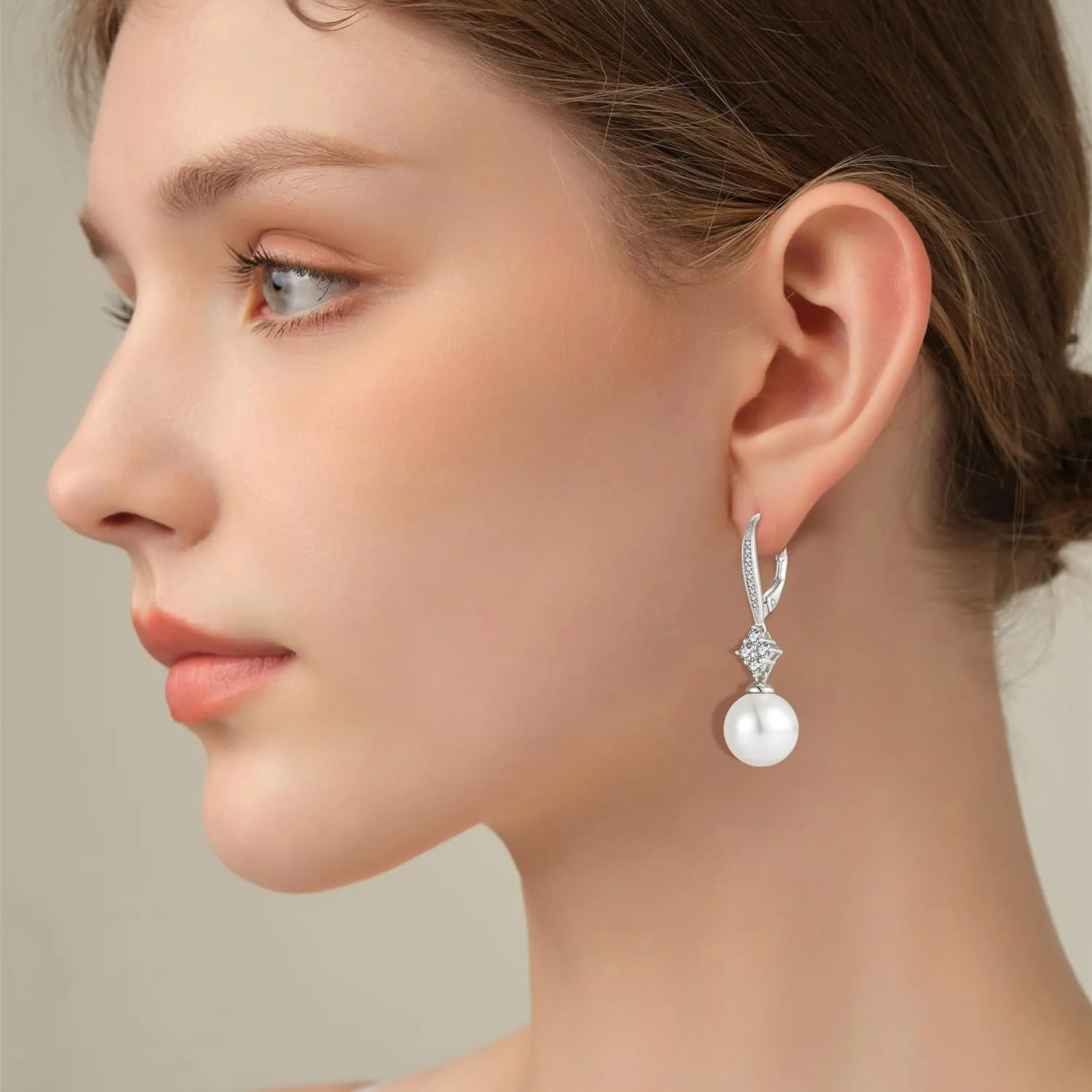 Pearl Earrings for Women 925 Sterling Silver Dainty Dangle Drop Leverback Earrings whit 5A Cubic Zirconia Pearl Jewelry Anniversary Mother's Day Birthday Christmas Gifts for Women Girls