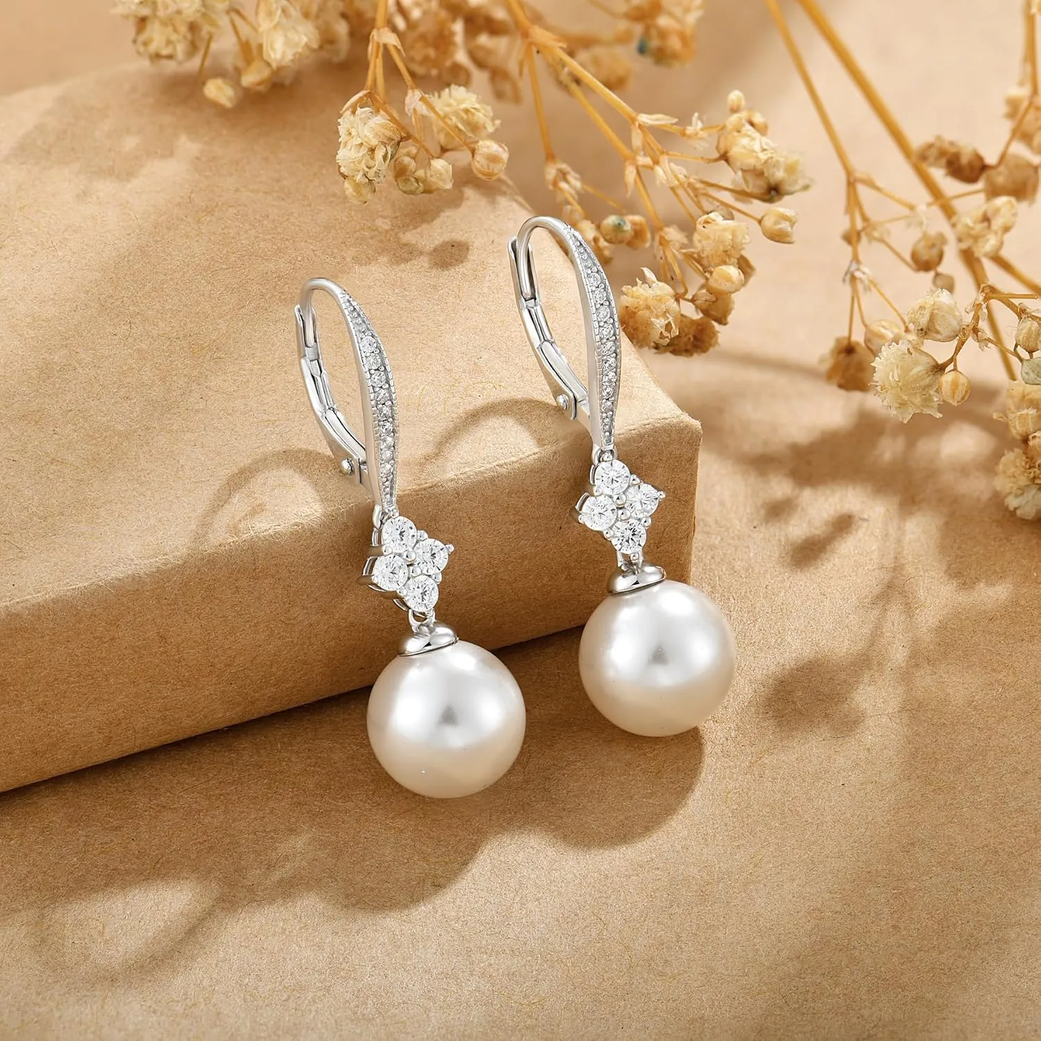 Pearl Earrings for Women 925 Sterling Silver Dainty Dangle Drop Leverback Earrings whit 5A Cubic Zirconia Pearl Jewelry Anniversary Mother's Day Birthday Christmas Gifts for Women Girls