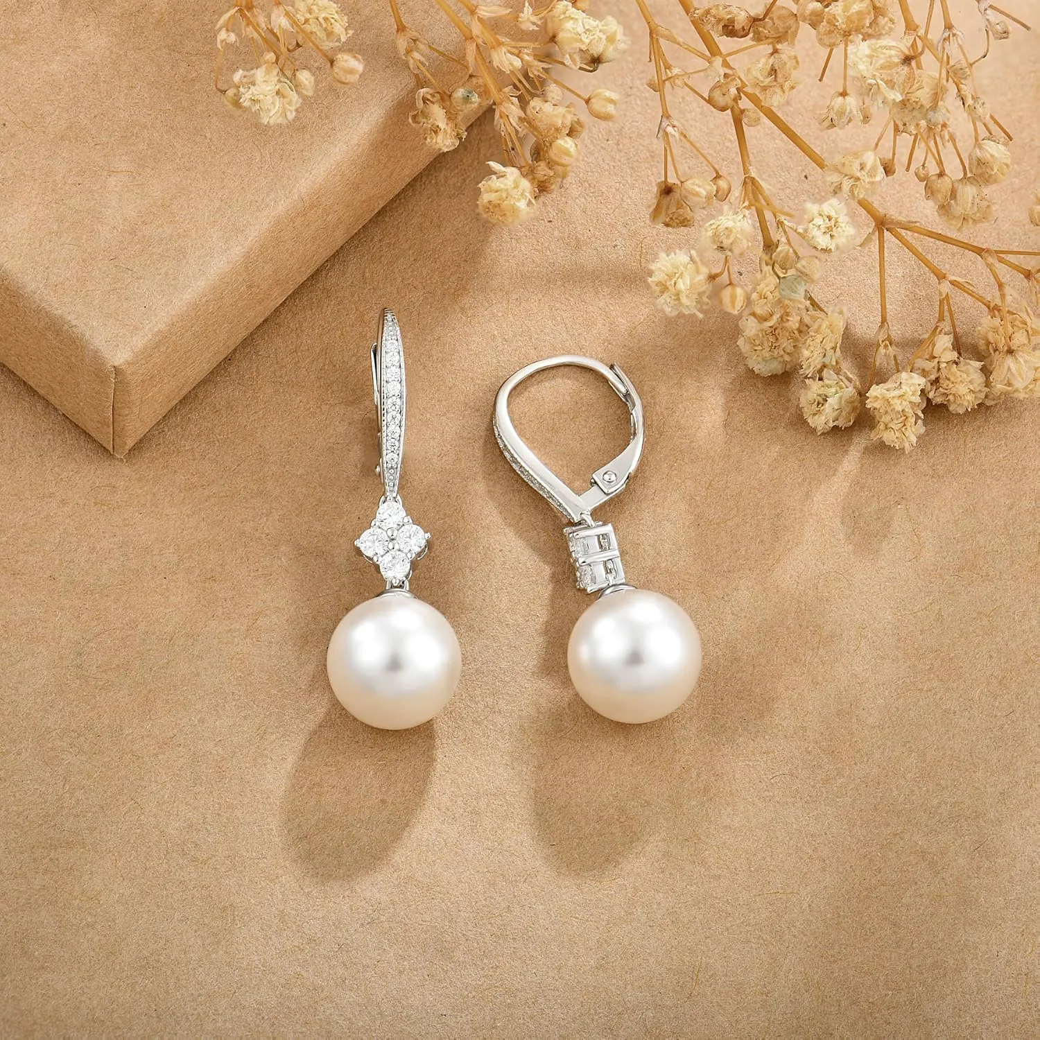 Pearl Earrings for Women 925 Sterling Silver Dainty Dangle Drop Leverback Earrings whit 5A Cubic Zirconia Pearl Jewelry Anniversary Mother's Day Birthday Christmas Gifts for Women Girls