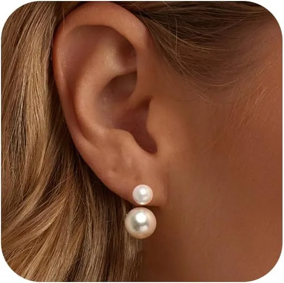 Pearl Earrings for Women, Dainty Gold Earrings 14K Gold Plated Pearl Drop Earrings Cute Pearl Hoop Earrings Hypoallergenic Dangle Pearl Earrings for Women Trendy Wedding Earrings for Brides