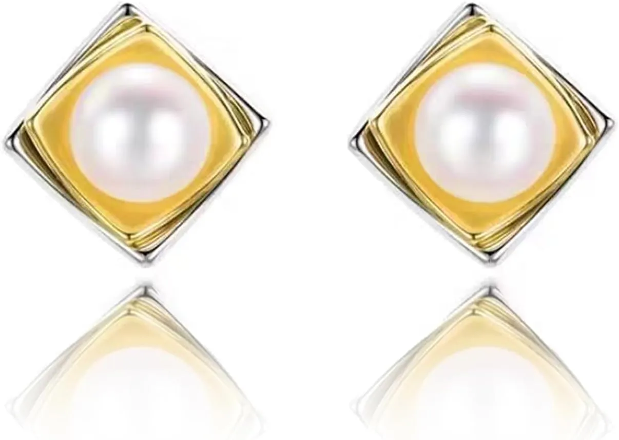 Pearl Earrings for Women, Hypoallergenic Gold and Silver Square Pearl Studs, White Pearl Earrings Gift