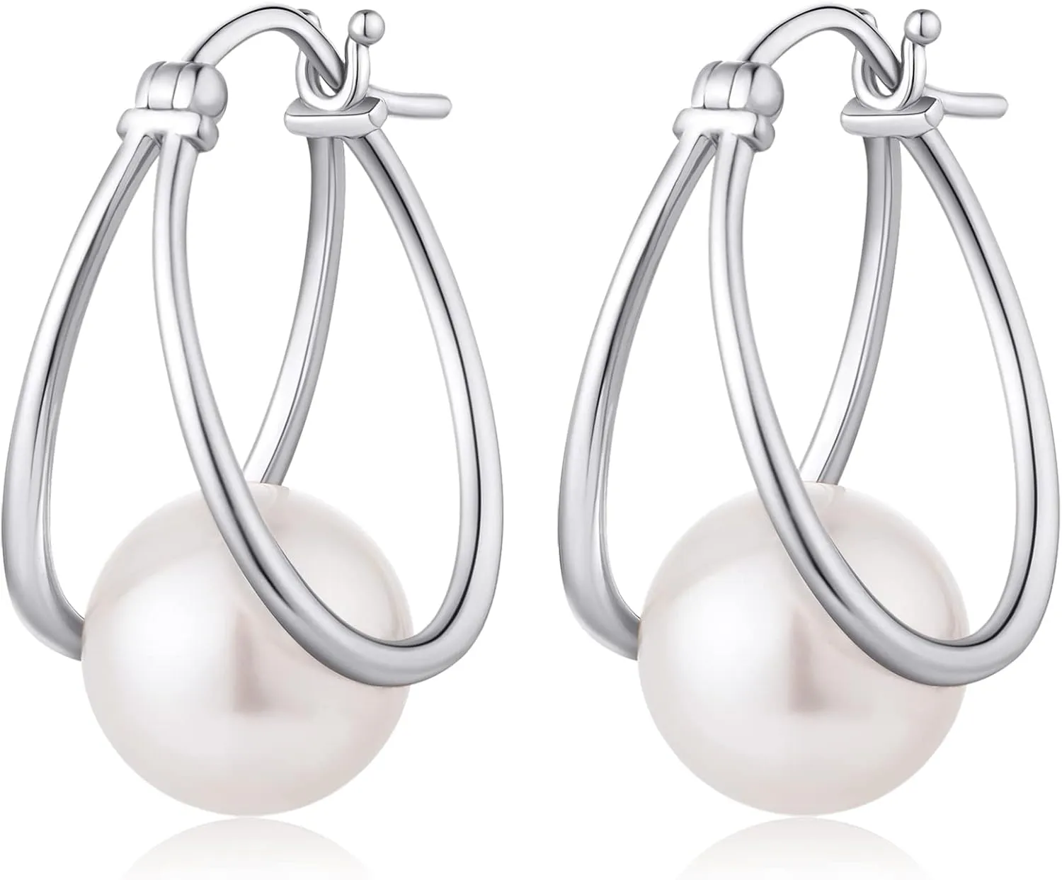Pearl Earrings for Women Pearl Hoop Earrings Pearl Dangle Earrings Silver Pearl Earrings Hypoallergenic Pearl Earring Pearl Huggie Hoop Earrings Leverback Pearl Drop Earrings Silver 10mm