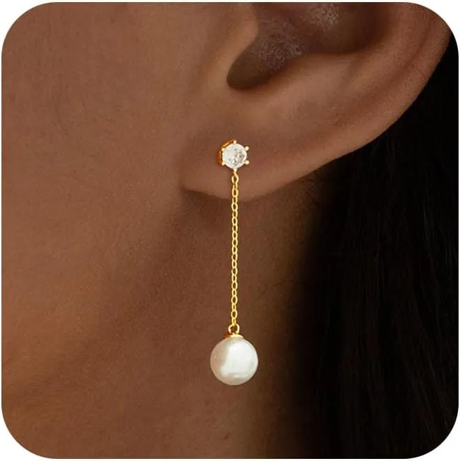 Pearl Earrings for Women Trendy, 14k Gold Plated Freshwater CZ Leaf Pearl Dangle Drop Gold Earrings Lightweight Hypoallergenic Stud Earring Bridesmaid Wedding Gold Jewelry for Women Gifts
