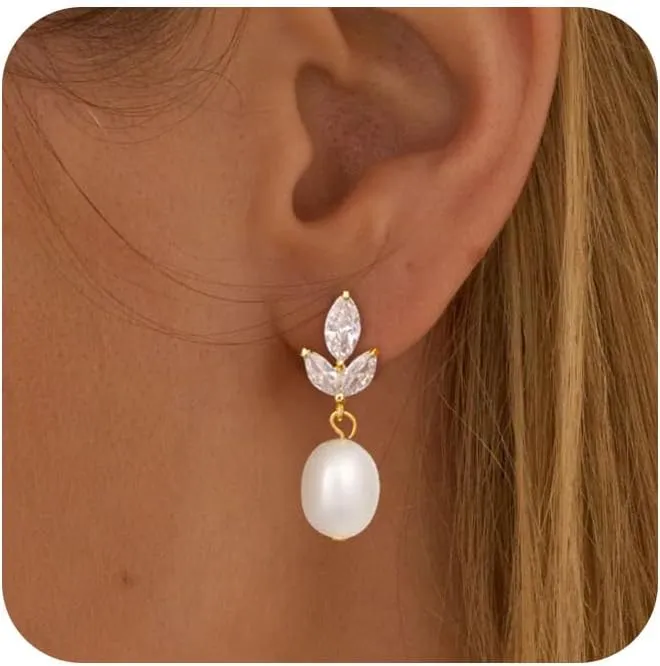 Pearl Earrings for Women Trendy, 14k Gold Plated Freshwater CZ Leaf Pearl Dangle Drop Gold Earrings Lightweight Hypoallergenic Stud Earring Bridesmaid Wedding Gold Jewelry for Women Gifts