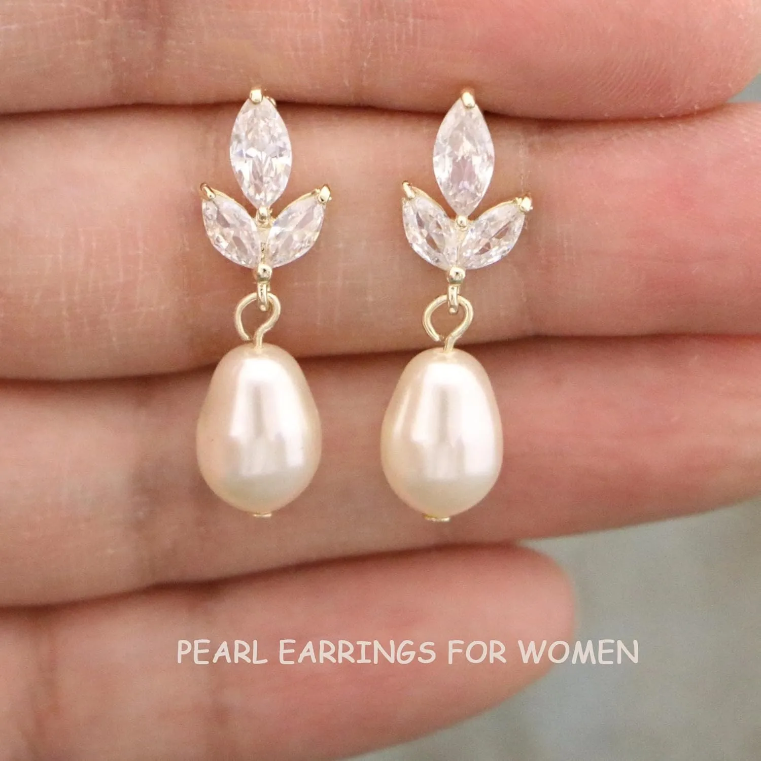 Pearl Earrings for Women Trendy, 14k Gold Plated Freshwater CZ Leaf Pearl Dangle Drop Gold Earrings Lightweight Hypoallergenic Stud Earring Bridesmaid Wedding Gold Jewelry for Women Gifts