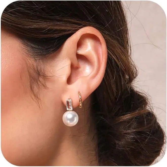 Pearl Earrings for Women, Trendy Pearl Drop Dangle Earring 14K Gold Plated Hypoallergenic Cartilage Earrings Small Thin Gold Hoop Huggie Earrings Diamond Stud Non Tarnish Piercing Jewelry Gift