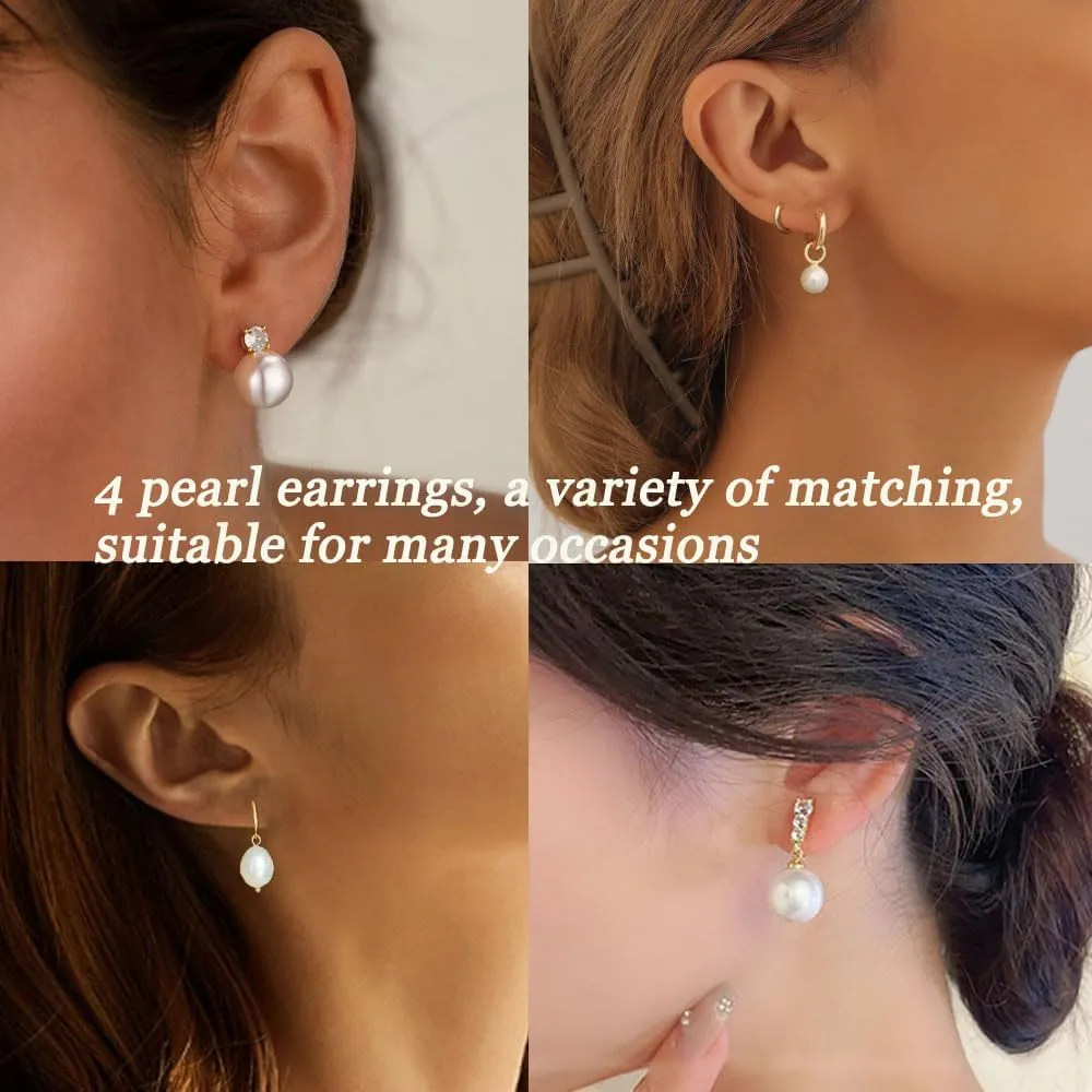Pearl Earrings Set 14K Gold Plated Hypoallergenic Freshwater Long Pearl Drop Dangle Earrings 8mm 10mm Fake Pearls Studs for Women Gift Wedding Earrings for Brides Bridesmaid