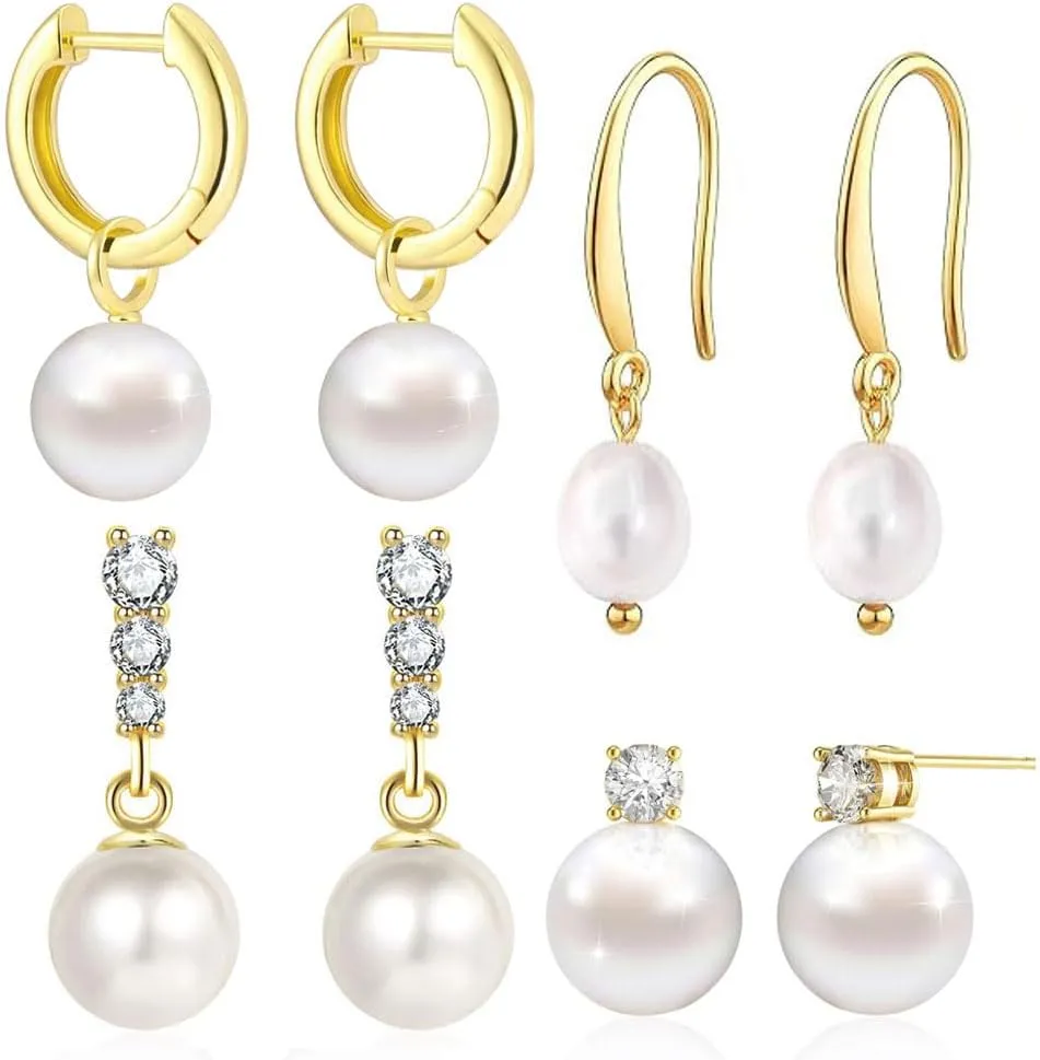 Pearl Earrings Set 14K Gold Plated Hypoallergenic Freshwater Long Pearl Drop Dangle Earrings 8mm 10mm Fake Pearls Studs for Women Gift Wedding Earrings for Brides Bridesmaid
