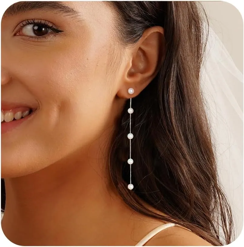 Pearl Earrings??4mm 5mm 6mm Gold/Silver Dangle Earrings for Women White Long Drop Pearl Dangling Earrings Bridal Wedding Dainty Prom Earrings Birthday Gifts Jewelry