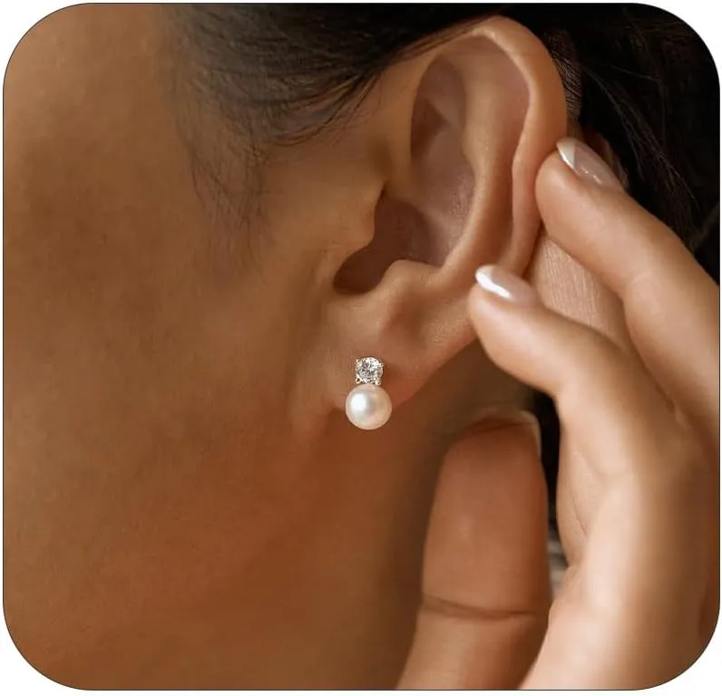 Pearl Earrings,6mm/8mm/10mm Gold/Silver Pearl Stud Earrings for Women Dainty 14K Gold CZ Diamond Earring Trendy Hypoallergenic Wedding Earring for Women Bridesmaid Gift