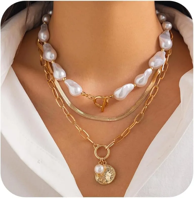 Pearl Necklace for Women Layered Gold Necklaces Gold T Bar Necklace Chunky Chain Necklace Gold Beaded Necklace Gold Jewelry Gift Women