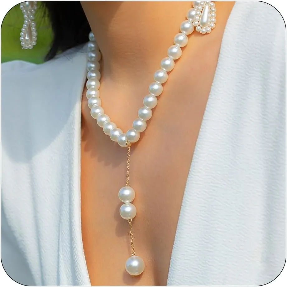 Pearl Necklaces for Women Gold Statement Pearl Y Pendent Necklace Adjustable Pearl Choker Necklace