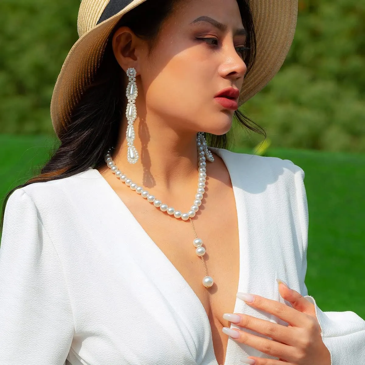 Pearl Necklaces for Women Gold Statement Pearl Y Pendent Necklace Adjustable Pearl Choker Necklace