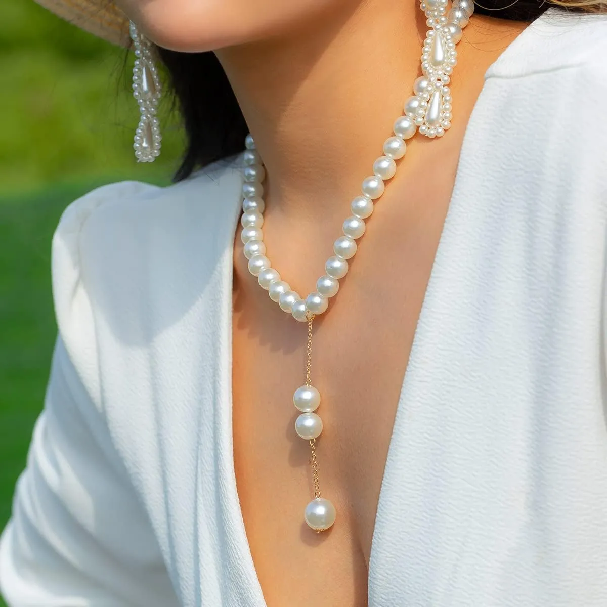 Pearl Necklaces for Women Gold Statement Pearl Y Pendent Necklace Adjustable Pearl Choker Necklace